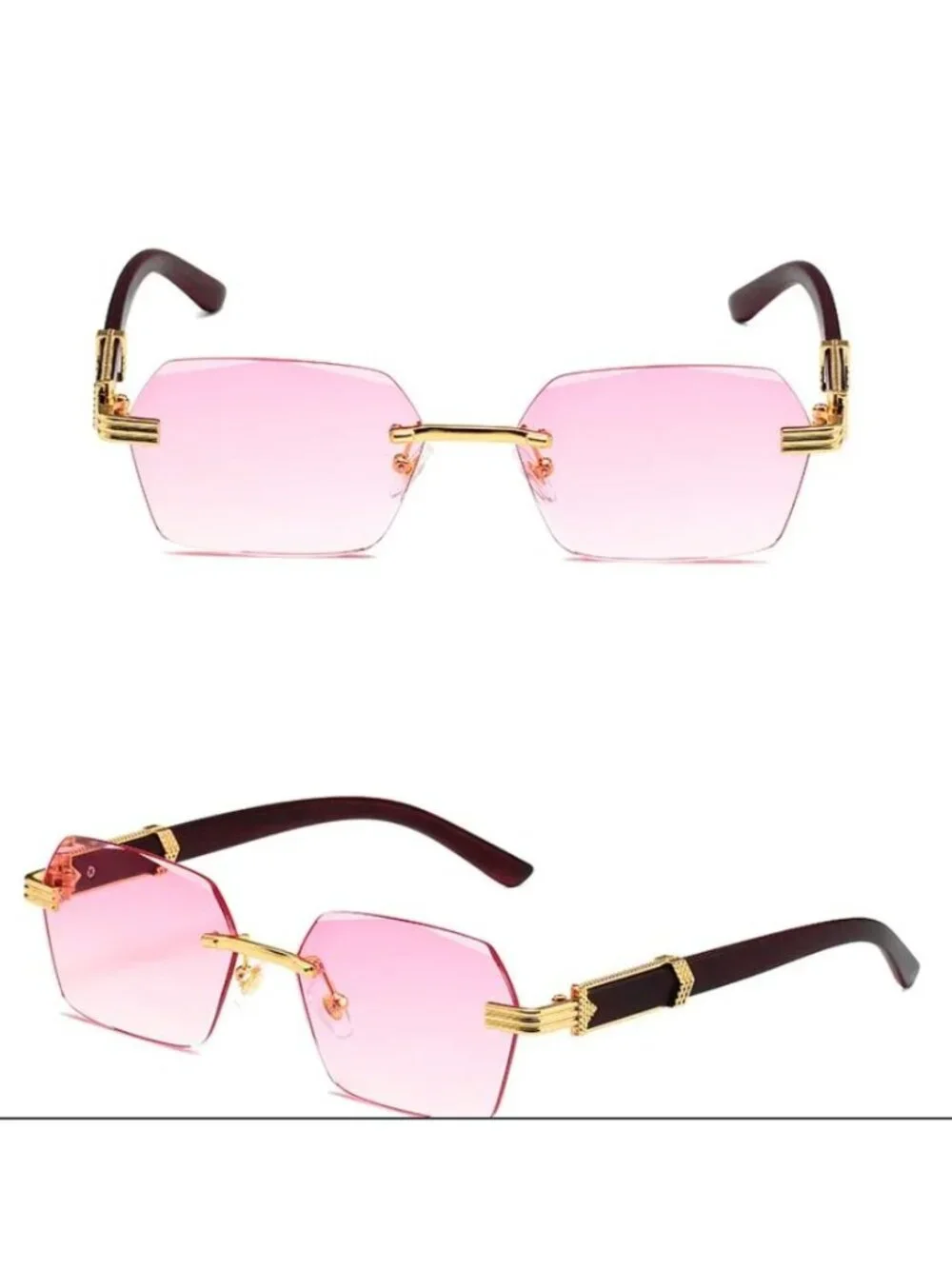 Retro Unisex Rimless Pink Gradient Sunglasses With Gold-Tone & Wooden Arms